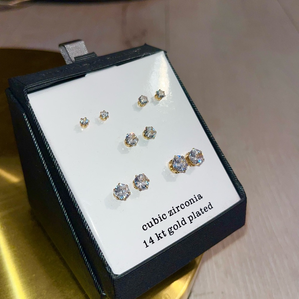 14K Gold Plated Cubic Zirconia Stud Earrings Set